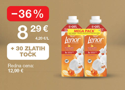 Mehčalec Lenor Gold Orchid & Vanilla 1,974 Litra na svetlo rjavo-zlatem ozadju. Ob unovčitvi 30 zlatih točk akcijska cena 8,29 €, znižanje –36 %, redna cena 12,99 €.