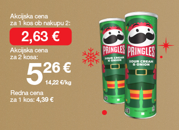 Čips Pringels Collectibles kisla smetana & čebula, 185 g na svetlo rjavo-zlatem ozadju. Ob unovčenju 8 zlatih točk akcijska cena za 1 kos ob nakupu 2 je 2,63 €, skupna cena za 2 kosa je 5,26 €. Redna cena za 1 kos: 4,39 €. V ozadju so rdeče snežinke.