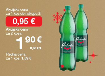 Mineralna voda Radenska 1,5 L na svetlo rjavo-zlatem ozadju. Ob unovčenju 8 zlatih točk akcijska cena za 1 kos ob nakupu 2 je 0,95 €, skupna cena za 2 kosa je 1,90 €. Redna cena za 1 kos: 1,59 €. V ozadju so rdeče snežinke.