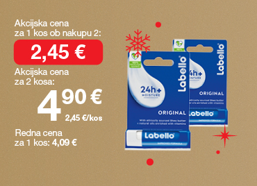 Mazilo za ustnice Labello original na svetlo rjavo-zlatem ozadju. Ob unovčenju 8 zlatih točk akcijska cena za 1 kos ob nakupu 2 je 2,45€, skupna cena za 2 kosa je 4,90 €. Redna cena za 1 kos: 4,09 €. V ozadju so rdeče snežinke.