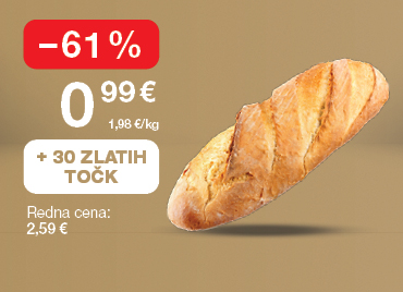 Kruh Žito, beli rustikalni, 500 g, na svetlo rjavo-zlatem ozadju. Ob unovčitvi 30 zlatih točk akcijska cena 0,99 €, znižanje –61 %, redna cena 2,59 €.