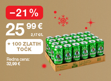 Paket piva Laško Zlatorog (24 pločevink) na svetlo rjavo-zlatem ozadju. Ob unovčitvi 100 zlatih točk akcijska cena 25,99 €, znižanje –21 %, redna cena 32,99 €. V ozadju so dodane rdeče snežinek.
