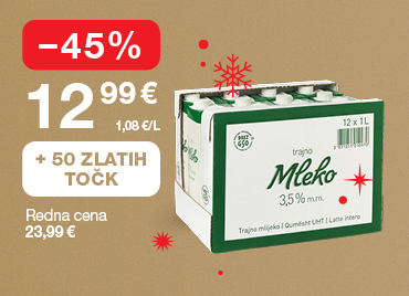 Paket trajnega mleka 3,5 % m.m. (12 × 1L) na svetlo rjavo-zlatem ozadju. Ob unovčenju 50 zlatih točk akcijska cena 12,99 €, znižanje -45 %, redna cena 23,99 €.