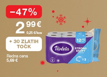Toaletni papir violeta Strong and soft 3-slojni, 12 rol, na svetlo rjavo-zlatem ozadju. Ob unovčitvi 30 zlatih točk akcijska cena 2,99 €, znižanje –47 %, redna cena 5,69 €. V ozadju so dodane rdeče snežinke.
