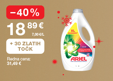 Tekoči detergent Ariel Color  60 pranj, 2,7 L na svetlo rjavo-zlatem ozadju. Ob unovčitvi 30 zlatih točk akcijska cena 18,89 €, znižanje –40 %, redna cena 31,49 €. V ozadju so rdeče snežinke.