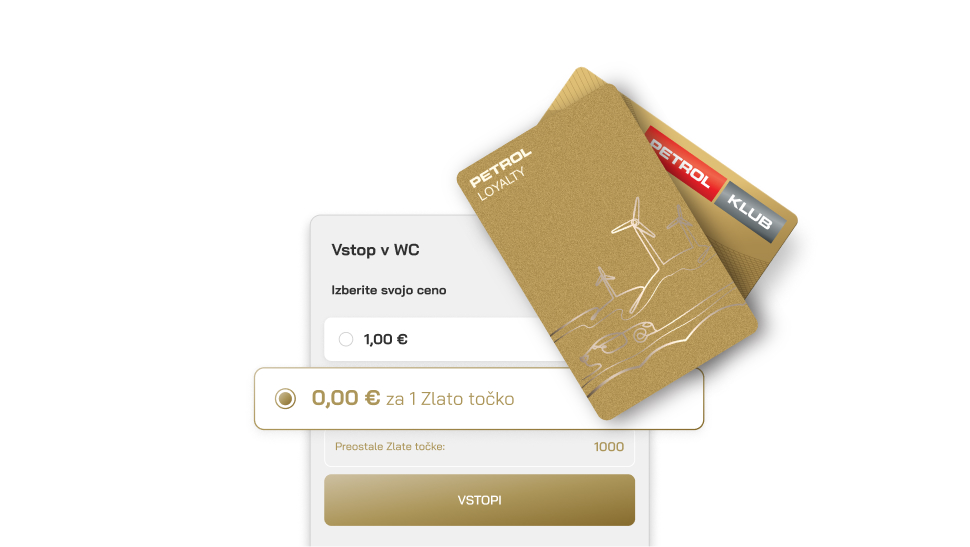 Na sliki je prikazan uporabniški vmesnik za plačilo vstopa v WC prek Petrol aplikacije. Prikazana je možnost izbire cene, kjer lahko uporabnik izbere 1,00 € ali možnost »0,00 € za 1 Zlato točko«. Spodaj je gumb z napisom »VSTOPI«. Nad obrazcem sta dve kartici – Petrol klub kartica in Petrol loyalty kartica v zlati barvi, z grafičnim motivom vetrnice in avtomobila.