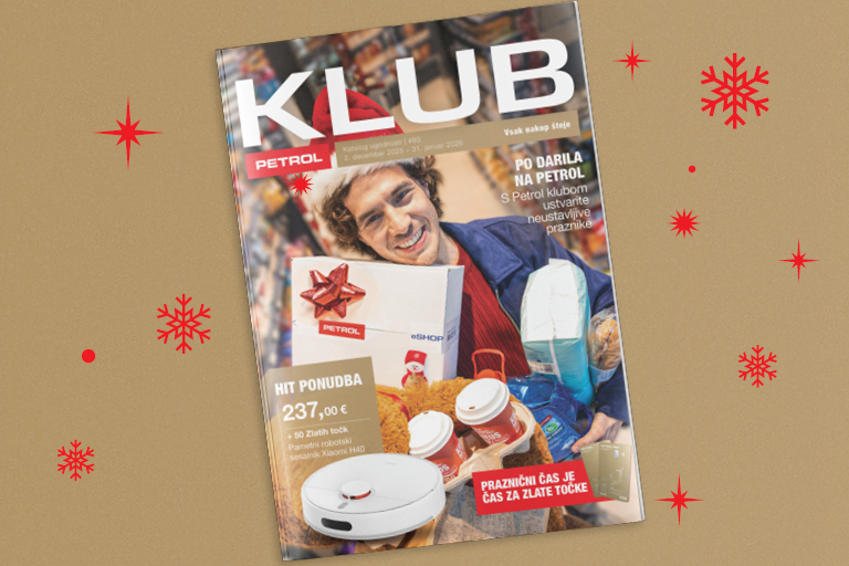 Na sliki je prikazano naslovnico revije Petrol Klub, ki leži na zlati podlagi z rdečimi snežinkami. Na naslovnici je nasmejan moški v trgovini, ki drži praznične nakupe. Okoli njega so prikazana darila in ponudbe, med drugim darilna vrečka Petrol, gospodinjski aparati ter praznični izdelki. Na naslovnici je velik napis KLUB, spodaj pa dodatna besedila o hit ponudbi in zbiranju Zlatih točk. Celotna podoba izžareva praznično nakupovalno vzdušje.