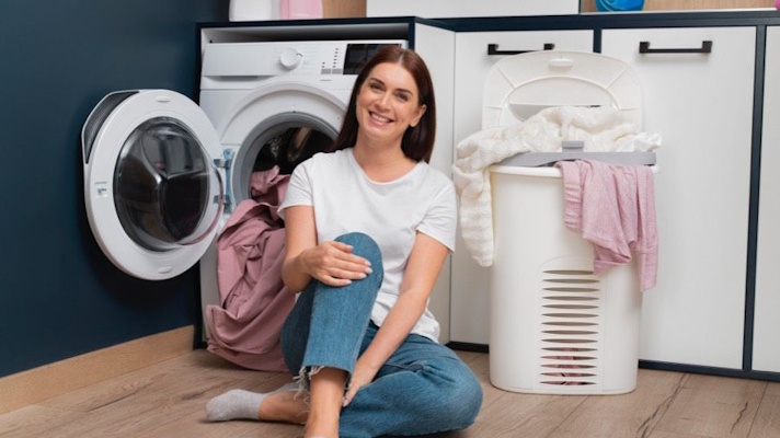 Na sliki je prikazana ženska, ki sedi na tleh v sodobni kopalnici ali pralnici ob pralnem stroju in košu za perilo, nasmejana in sproščena, kar ponazarja udobje, domačnost ter enostavno opravljanje vsakdanjih gospodinjskih opravil.