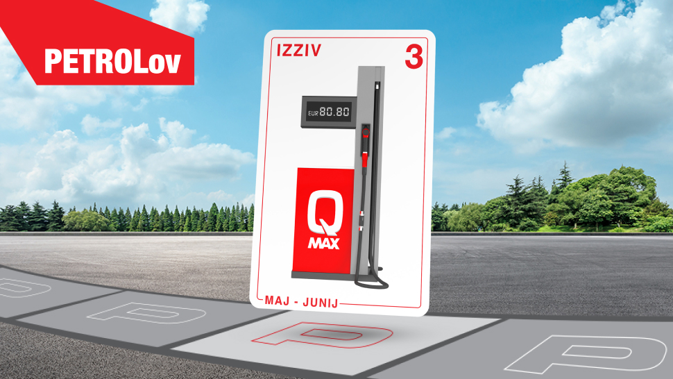 Na sliki je točilni avtomat Q Max z digitalnim zaslonom. Kartica prikazuje 3. izziv, na njej sta označena meseca maj in junij. Kartica stoji na parkirišču z označenimi črkami P, v levem zgornjem kotu pa je rdeč napis PETROLov, ki ponazarja krovno nagradno igro.