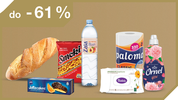 Izdelki na svetlo rjavo-zlatem ozadju: Voda Zala bela breskev 1,5 L, mehčalec Ornel Glow 1,6 L, Kruh Žito beli rustikalni 500 g, Flips Smoki retro edition, Vlažilni toaletni papir Violeta Sensitive 60 kos, Kuhinjske brisačke Paloma Classic Maxi 2-slojne 330 listov in Biskvit Jaffa cakes 150 g.
