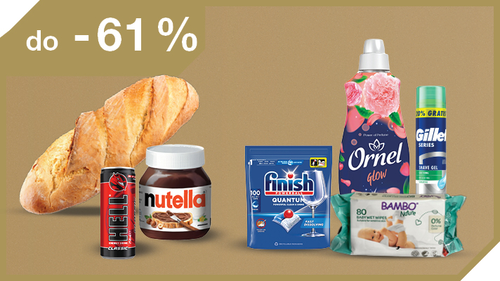 Izdelki na svetlo rjavo-zlatem ozadju: Kruh Žito beli rustikalni 500 g, energijski napitek Hell Clasic 0,25 L, lešnikov namaz Nutella 400 g, tablete za pranje posode Finish Quantum XXL 100 tablet, čistilni robčki bambo Nature 80 kos, gel za britje Gillette 200 + 40 mL in mehčalec Ornel Glow 1,6 L.