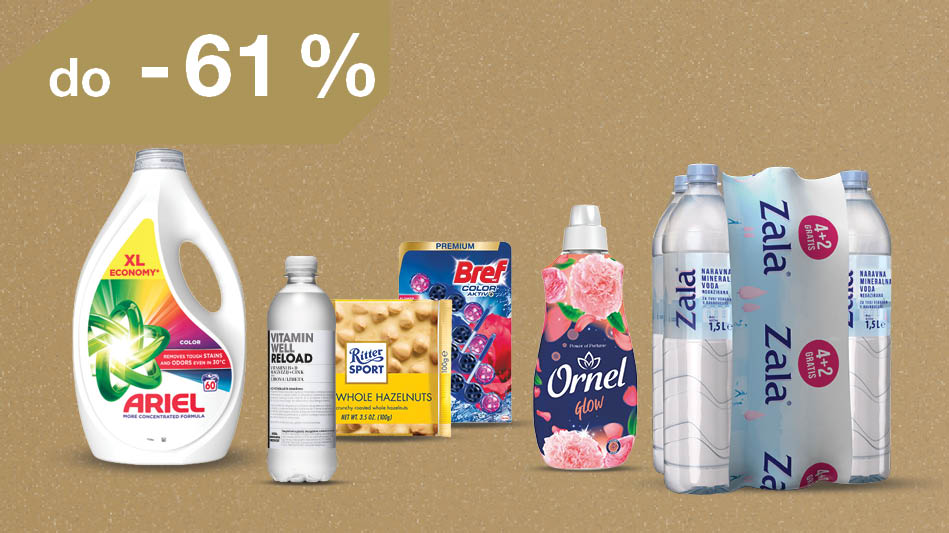 Izdelki na svetlo rjavo-zlatem ozadju: Tekoči detergent Ariel Color, Vitamin Well voda, Čokolada Ritter sport, bela čokolada s celimi lešniki, 100 g, WC-obešanka Bref CA Flower, 4 x 50 g, Mehčalec Ornel Glow, 1,6 L   in 6kosov voda Zala 1,5 L.