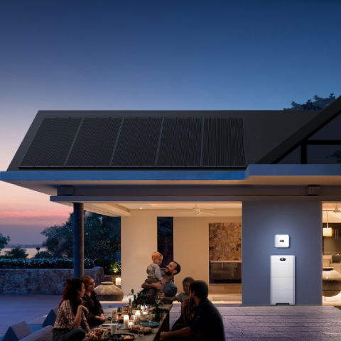 Na sliki je sodobna hiša s sončnimi paneli na strehi in baterijskim hranilnikom energije na fasadi, pred hišo pa družina večerja na prostem.