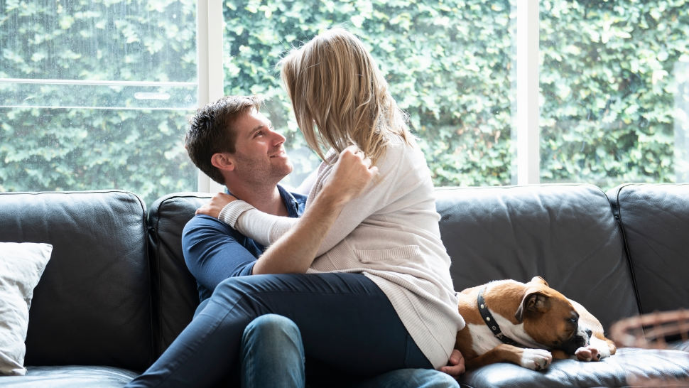 Na sliki je par, ki sedi na kavču v dnevni sobi. Ženska sedi v naročju moškega in ga objema, oba sta nasmejana in sproščena. Ob njiju na kavču leži pes, ki mirno spi. V ozadju so velika okna s pogledom na zeleno rastje zunaj.