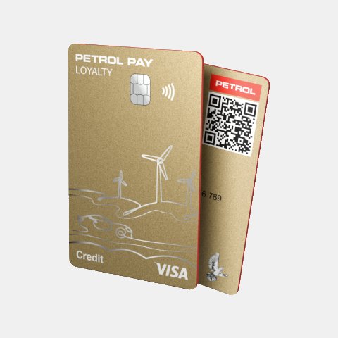 Plačilna kartica Petrol Pay Loyalty Visa z motivom vetrnic in avtomobila, ob njej pa zadnja stran kartice z QR kodo in rdečim logotipom Petrol