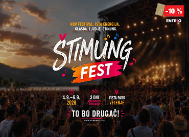 Plakat za festival Štimung Fest z velikim zunanjim odrom, koncertno množico ob sončnem zahodu, datumi 4.–6. 9. 2026 v Vista Parku Velenje, poudarek na energiji in glasbi.Prikazan je tudi 10 % popust ob priložitvi Petrol klub kartice.