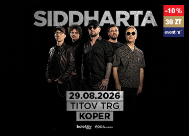 Plakat za koncert skupine Siddharta z upodobitvijo članov benda na temnem ozadju, datum 29. 8. 2026 na Titovem trgu v Kopru. Prikazan je tudi 10 % popust ob unovčenju 30 Zlatih točk.