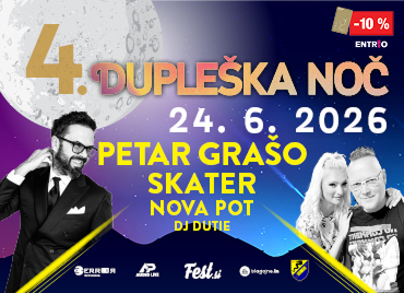 Promocijski koncertni plakat za dogodek »4. Dupleška noč« z datumom 24. 6. 2026, na katerem so navedeni nastopajoči Petar Grašo, Skater, Nova Pot in DJ Dutie, z grafiko lune in nočnega ozadja ter fotografijami treh izvajalcev na levi in desni strani. Dodana je tudi cenovka, ki prikazuje 10 % popust s Petrol klub kartico.