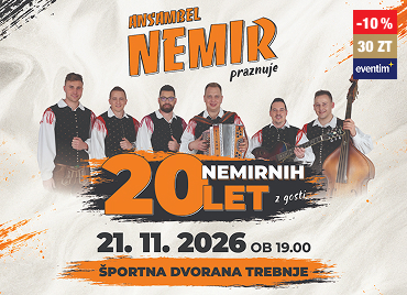 Promocijski plakat za jubilejni dogodek Ansambla Nemir. Na svetlem, rahlo teksturiranem ozadju stoji šest članov glasbene skupine, oblečenih v usklajena črno-bela narodno-zabavna oblačila z rdečimi okrasnimi detajli. V ospredju so vidna glasbila: harmonika, kitara in kontrabas. Na vrhu plakata je velik oranžen napis »ANSAMBEL NEMIR«, pod njim pa manjši napis »praznuje«. V osrednjem delu dominira velik oranžen napis »20 LET«, ob katerem je zapis »NEMIRNIH« in »z gosti«. Besedilo je postavljeno na črno-oranžno grafično podlago, ki spominja na poteze čopiča. V desnem zgornjem kotu je prikazana cenovka Eventim in 10 % popust za 30 Zlatih točk.