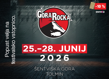 Promocijski plakat za festival Gora Rocka z logotipom v rdečem krogu, datumom »25.–28. junij 2026«, lokacijo Šentviška Gora (Tolmin) ter napisom o popustu na festivalsko vstopnico, na temnem odrskem ozadju. Dodana je tudi cenovka, ki prikazuje 10% popusta s Petrol klub kartico.