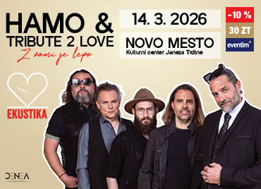 Promocijska grafika za koncert Hamo & Tribute 2 Love – Z nami je lepo. Na sliki je pet članov skupine, oblečenih v temna in koncertna oblačila, postavljenih pred svetlim ozadjem. Na levi strani je logotip z motivom srca in besedo Ekustika. Na desni strani so v belem okvirju navedeni podatki o dogodku: datum 14. 3. 2026, lokacija Novo mesto, ter prizorišče Kulturni center Janeza Trdine.V desnem delu kreative je logotip »eventim« z oznako popusta »-10 %« in ceno »30 ZT«.