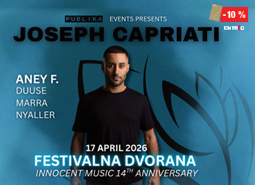 Plakat za techno dogodek z DJ-jem Joseph Capriati v Festivalni dvorani v Ljubljani, 17. aprila 2026, z nastopajočimi Aney F., Duuse, Marra in Nyaller.
