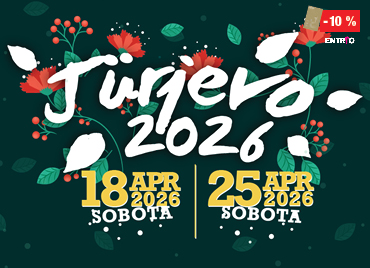 Promocijska grafika za dogodek Jurjevo 2026. Na temnozelenem ozadju so ilustracije rdečih cvetov, listov in jagodičja, ki tvorijo dekorativen okvir okoli osrednjega napisa. V velikem belem čopičnem slogu je zapisan naziv »Jurjevo 2026«. Spodaj sta dva označena datuma: 18. april 2026 (sobota) in 25. april 2026 (sobota), ločena z navpično črto, oba v živih rumenih in belih barvah.V desnem kotu zgoraj je cenovka, popust 10 % in logotip Entrio.