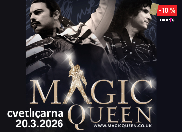 Promocijski plakat za glasbeni dogodek skupine Magic Queen. Na črnem ozadju sta prikazana dva nastopajoča v bleščečih, stiliziranih odrskih kostumih, eden z dvignjeno roko in mikrofonom. Spodaj je velik napis MAGIC QUEEN z zlato silhueto ikonične odrske poze. V levem spodnjem delu je zapisano: Cvetličarna, 20. 3. 2026.V desnem kotu zgoraj je cenovka, popust 10 % in logotip Entrio.