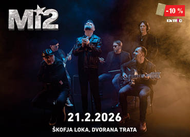 Promocijski plakat za koncert skupine Mi2. Na temnem ozadju je izpostavljeno ime Mi2. Spodaj je velik napis z datumom 21. 2. 2026 ter lokacijo Škofja Loka, Dvorana Trata. V spodnjem delu je prikazan logotip ponudnika vstopnic Entrio. Dodatni grafični elementi poudarjajo koncertni značaj dogodka. V desnem zgornjem kotu je logotip »entrio« z oznako popusta »-10 %« in zlata petrol klub kartica.