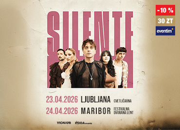 Promocijski plakat za koncertno skupino Silente. V ospredju je pet članov skupine, postavljenih pred svetlo rožnatim ozadjem z velikim napisom SILENTE. Spodaj so navedeni datumi in lokacije koncertov: 23. 4. 2026 v Ljubljani (Cvetličarna) ter 24. 4. 2026 v Mariboru (Festivalna dvorana Lent). Na dnu so logotipi partnerjev dogodka. V desnem kotu zgoraj je cenovka, popust 10 % in navedba 30 Zlatih točk ter logotip Eventim.