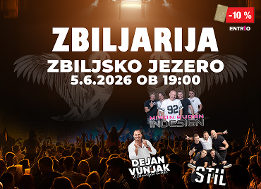 Slika prikazuje glasbeni dogodek z velikim belim napisom »ZBILJARIJA ZBILJSKO JEZERO« ter datumom in uro »5.6.2026 ob 19:00«. Ozadje prikazuje množico ljudi na koncertu z dvignjenimi rokami in toplo osvetlitvijo v oranžno-rjavih tonih, nad množico je stilizirano krilo ali perje. Na plakatu so razporejene tudi manjše fotografije glasbenih izvajalcev oziroma skupin z napisi »Miran Rudan InDesign«, »Dejan Vunjak« in »Stil«. Celotna grafika ima koncertno, dinamično vzdušje in poudarja glasbeni dogodek na prostem.V desnem zgornjm kotu je cenovka 10 % ter logo entrio.