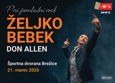 slika prikazuje promocijsko grafiko za dogodek 'Prvi pomladni rock' z velikim napisom Željko Bebek in Don Allen. Na desni strani je Željko v energični koncertni pozi z dvignjeno roko. V spodnjem delu so navedbe o lokaciji Športna dvorana Brežice ter datumu 21. marec 2026. V desnem delu kreative je logotip »entrio« z oznako popusta »-10 %« in zlata petrol klub kartica.