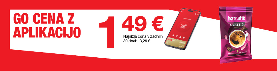 GO cena z aplikacijo: Barcaffè Classic Original mleta kava 100 g za 1,49 €, prikazana embalaža kave in mobilna aplikacija Petrol.