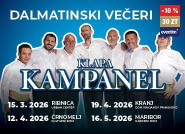 Promocijski plakat za koncertno turnejo Dalmatinski večeri skupine Klapa Kampanel. Na sredini stoji skupina moških, oblečenih v bele srajce z rumenimi pasovi, postavljenih pred modrim ozadjem. Besedilo spodaj navaja datume in lokacije koncertov v Ribnici, Črnomlju, Kranju in Mariboru v marcu, aprilu in maju 2026. Na dnu je logotip DNEA.V desnem kotu zgoraj je cenovka, popust 10 % in navedba 30 Zlatih točk ter logotip Eventim.