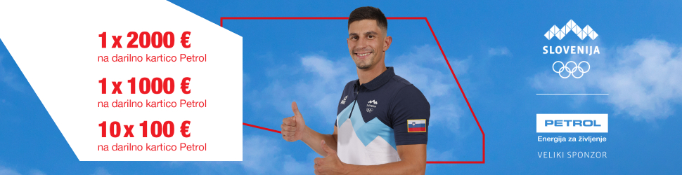 Promocijska grafika z modrim ozadjem, na kateri oseba v športni majici z olimpijskimi barvami kaže gesto ‘všeč mi je’. Desno sta logotip Olimpijskega komiteja Slovenije in logotip Petrol kot velikega sponzorja.