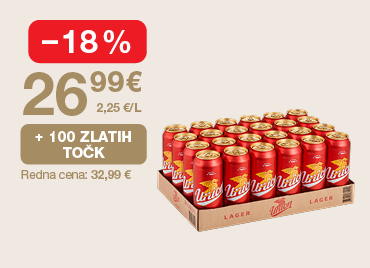 Paket piva Laško Zlatorog (24 pločevink) na svetlem ozadju. Ob unovčitvi 100 zlatih točk akcijska cena 26,99 €, znižanje –18 %, redna cena 32,99 €.