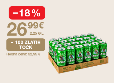 Paket piva Union Lager (24 pločevink) na svetlem ozadju. Ob unovčitvi 100 zlatih točk akcijska cena 26,99 €, znižanje –18 %, redna cena 32,99 €.