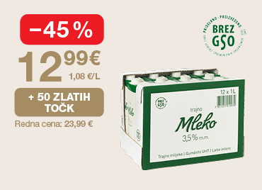 Paket trajnega mleka 3,5 % m.m. (12 × 1L) na svetlem ozadju. Ob unovčenju 50 zlatih točk akcijska cena 12,99 €, znižanje -45 %, redna cena 23,99 €.