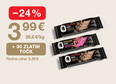 Q protein bar, Crunchy Chocolate ali Raspberry, 50 g, 3 kos, na svetlem ozadju. Ob unovčitvi 30 zlatih točk akcijska cena 3,99 €, znižanje –24 %, redna cena 5,29 €.