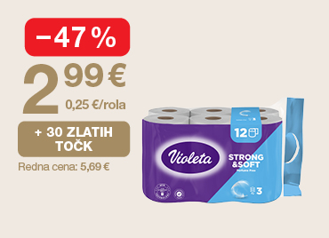 Toaletni papir Violeta Strong & soft, bombaž 3-slojni, 12 rol na svetlem ozadju. Ob unovčitvi 30 zlatih točk akcijska cena 2,99 €, znižanje –47 %, redna cena 5,69 €.