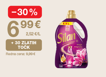 Mehčalec Silan Classic Fresh Sky 2,86 L, 130 pranj Ornel Wish, 1,6 litra, na svetlem ozadju. Ob unovčitvi 30 zlatih točk akcijska cena 6,99 €, znižanje –30 %, redna cena 9,99 €.