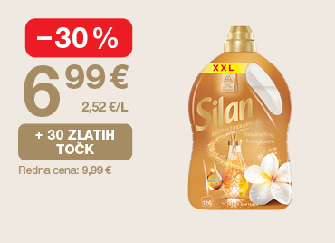 Mehčalec Silan Frangipani 2,772 L, 126 pranj na svetlem ozadju. Ob unovčitvi 30 zlatih točk akcijska cena 6,99 €, znižanje –30 %, redna cena 9,99 €.