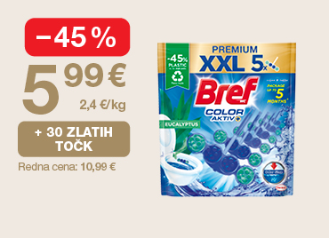 WC obešanka Bref CA Eucalyptus 5x50 g na svetlem ozadju. Ob unovčitvi 30 zlatih točk akcijska cena 5,99 €, znižanje –45 %, redna cena 10,99 €.