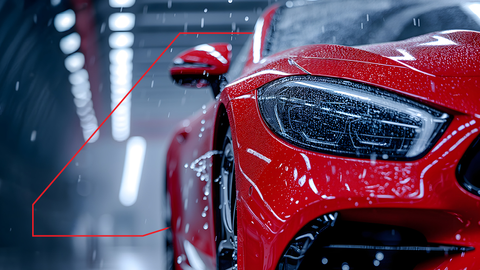 Rdeč avtomobil med pranjem v avtopralnici z vidnimi kapljicami vode in bleščečo karoserijo.