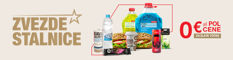 »Na sliki je napis Zvezde stalnice ter izbor izdelkov Petrol: kava Kava na poti, voda, sendviči, energijska pijača, piškoti in izdelki za vozilo z oznako 0 € ali POL CENE za zlate točke.