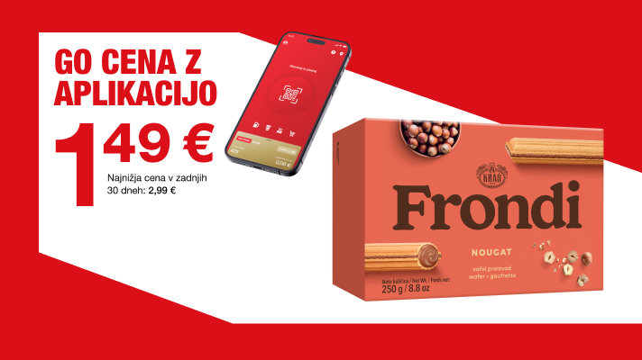 Na sliki je Frondi Nougat – vafelj prelivan z nougatom (250 g / 8.8 oz), vključen v akcijo prek Petrol GO aplikacije. Besedilo na sliki: »GO CENA Z APLIKACIJO 1,49 €« in »Najnižja cena v zadnjih 30 dneh: 2,99 €«, poleg embalaže izdelka in prikaza aplikacije na mobilnem telefonu.