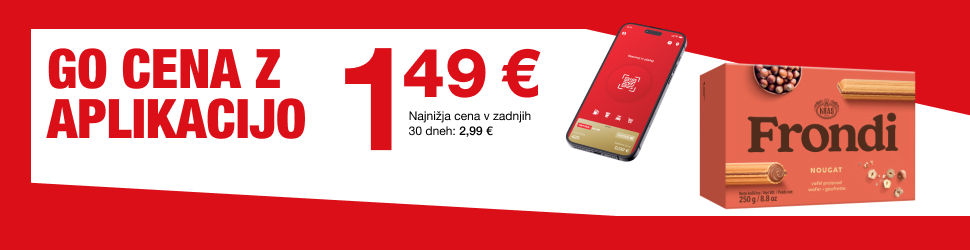 Na sliki je izdelek Frondi Nougat (vaflji z nougatom), 250 g, ki je povezan z akcijo v Petrol GO aplikaciji. Na bannerju piše: »GO CENA Z APLIKACIJO 1,49 €« ter manjši pripis: »Najnižja cena v zadnjih 30 dneh: 2,99 €«. Prikazan je tudi telefon z aplikacijo Petrol.