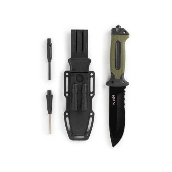 Komplet za preživetje z robustnim nožem, trdo zaščitno torbico in dvema orodjema za kresanje.