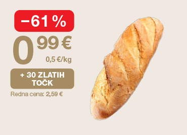Kruh Žito, beli rustikalni, 500 g, na svetlem ozadju. Ob unovčitvi 30 zlatih točk akcijska cena 0,99 €, znižanje –61 %, redna cena 2,59 €.
