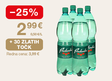 4 x mineralna voda radenska na svetlem ozadju. Ob unovčitvi 30 zlatih točk akcijska cena 2,99 €, znižanje -25 %, redna cena 3,99 €.